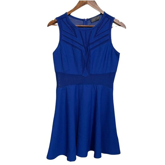 ASTR Women's Royal Blue Mesh Inset Embroidered Fit & Flare Mini Dress Medium - Picture 1 of 11